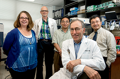 The team at Washington University (from left): Kristine Wylie, PhD, Department of Pediatrics instructor; Richard Buller, PhD, D(ABMM), Special Projects Laboratory co-director and director of the St. Louis Children’s Hospital virology lab; Jinsheng Yu, MD, PhD, instructor in genetics, Genome Technology Access Center; Dr. Storch; and Richard (Xinran) Hu, MD, MPH, Washington University Genome Institute.