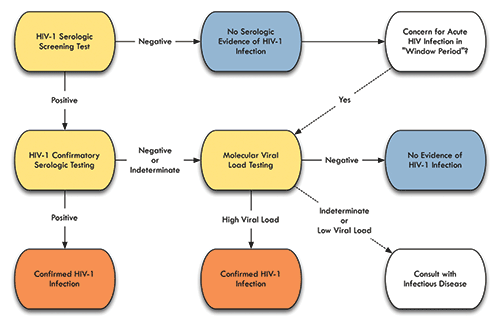 Fig. 2 Generalized diagnostic testing algorithm for HIV-1 A serological screening test (usually a third- or fourth-generation enzyme immunoassay) is performed first. Positive screening tests are confirmed by Western blot or other confirmatory serologic assay. In cases of unclear serological testing, where the confirmatory test is either negative or indeterminate, or in cases of high clinical suspicion of acute HIV-1 when the screening test is negative, molecular testing for HIV-1 RNA viral load can be performed. If no HIV-1 RNA is detected, infection is unlikely (although if there is high clinical suspicion of acute disease, repeat testing may be appropriate). If HIV-1 RNA is detected at a high level, HIV-1 can be diagnosed. Indeterminate HIV-1 viral load results or inconsistent results (i.e. a low or undetectable viral load with repeat positive serologies) may require consultation with an HIV specialist and the clinical laboratory.  