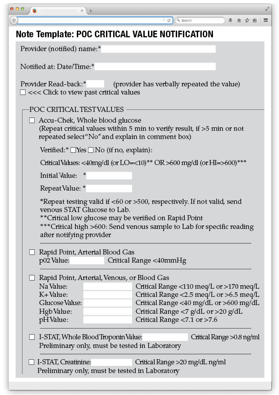 Note template used by point-of-care operators in the Southern Arizona VA Healthcare System to document critical values and notification of responsible health care providers in the EMR. All POC testing operators must report critical results to the provider within 30 minutes of the time the test is completed and the result is verified.