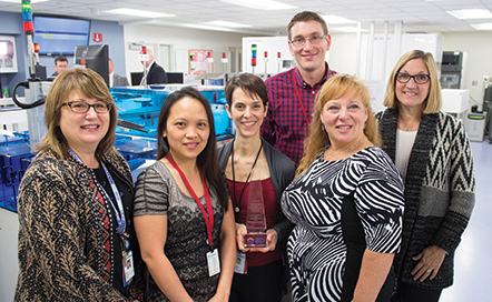 From left: Irene Dusich and microbiology laboratory staffers Emmylou Dela Cruz, Becky Lindgren, Steve Diederich, Ivy Villa, and April Victor formed the key user group that helped NorthShore University HealthSystem go live with the BD Kiestra TLA system late last year.