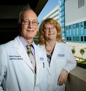 A view of the new laboratory building. “I think we have actually achieved the ideal in terms of efficiency,” says Dr. Schuerch (left), with Dr. Wilkerson.