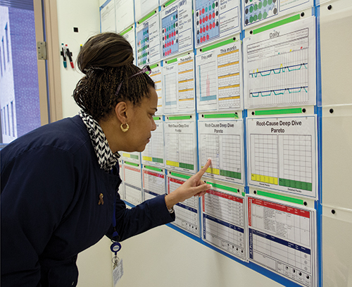 At Henry Ford, some analytics-driven tasks get a helping hand from ink and paper. Manager of anatomic pathology Anna Harris Shaw peruses part of the laboratory’s Daily Management System board, which displays lab operation status and improvement efforts.