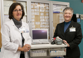 Dana Rickard (left) and Charlene Harris at Sarasota Memorial, where a phlebotomist was assigned to collect blood in sections of the ECC for a period, and the hemolysis rate dropped. �That�s what convinced them that it really made a difference,� Harris says.
