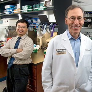 To define viruses in children with fever without cause, Dr. Gregory Storch (right) and colleagues conducted the Febrile Children Study. Richard (Xinran) Hu, MD, MPH (left), played a key role in studies on human gene expression profiles. 
