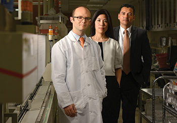 Dr. Joshua Hayden (left) at New York-Presbyterian Hospital with Su-Chieh Pamela Sun, MPA, MT(ASCP), central lab program manager, and Juan Garcia, MBA, BSMT, central lab program director. With procalcitonin on the Roche platform, Dr. Hayden foresees expanded use and lower prices, and he hopes to someday see an approved indication for PCT in guiding antibiotic use.