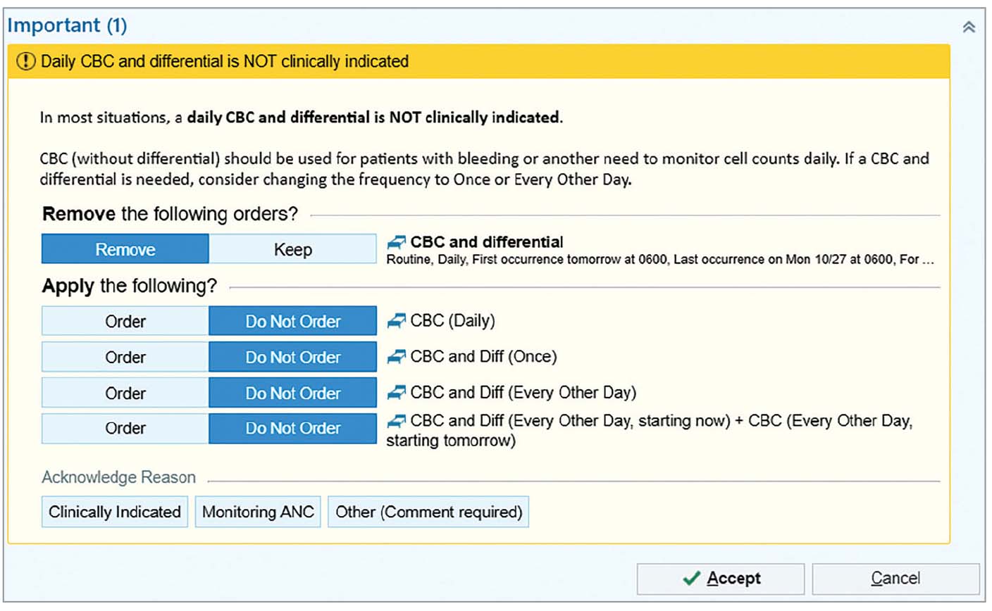 MGH’s interruptive alert for CBC and differential orders